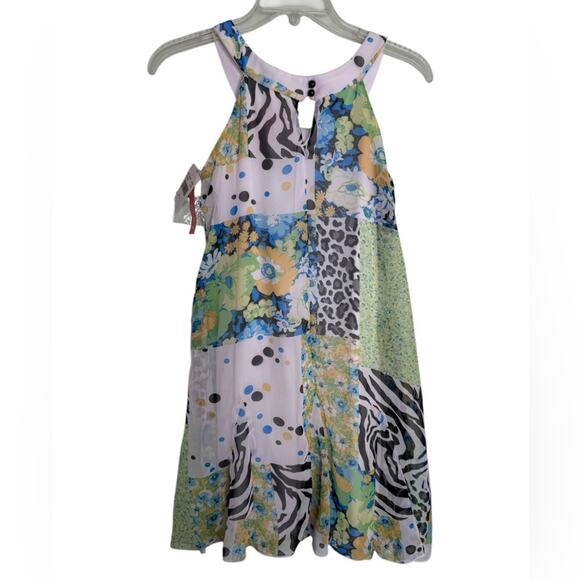 HYPE Halter Fit Flare White Green Zebra Floral Dots Yelow Floral Dress Sz 16 - Picture 5 of 10